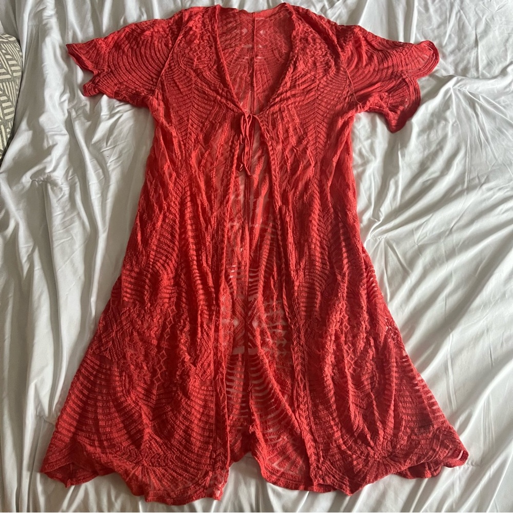 Coral Orange Lace Kimono Beach Cover Up Womens One Size